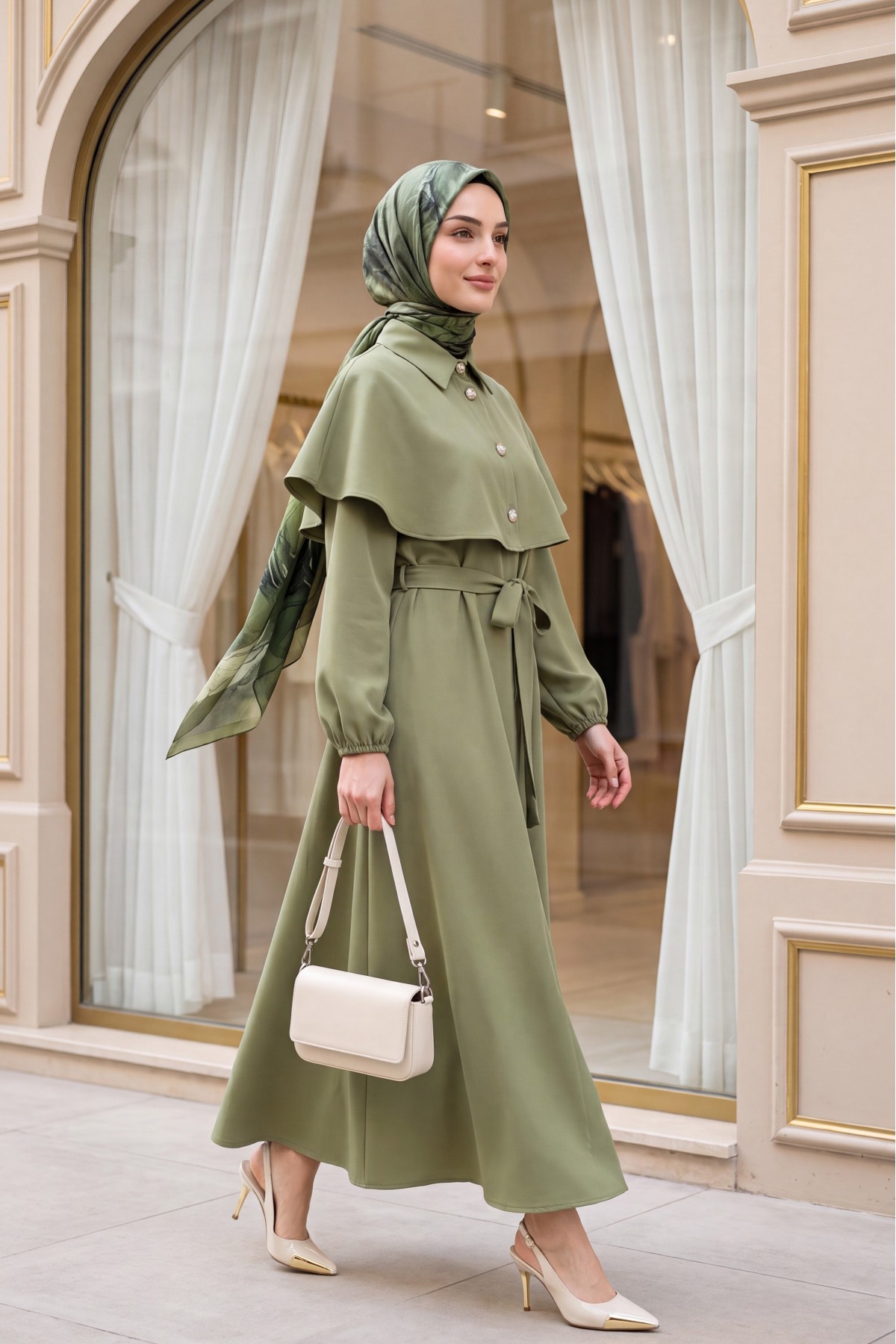 Crepe Dress with Collar, Cape Detail, Belt, and Elasticated Sleeves -Cagla Green