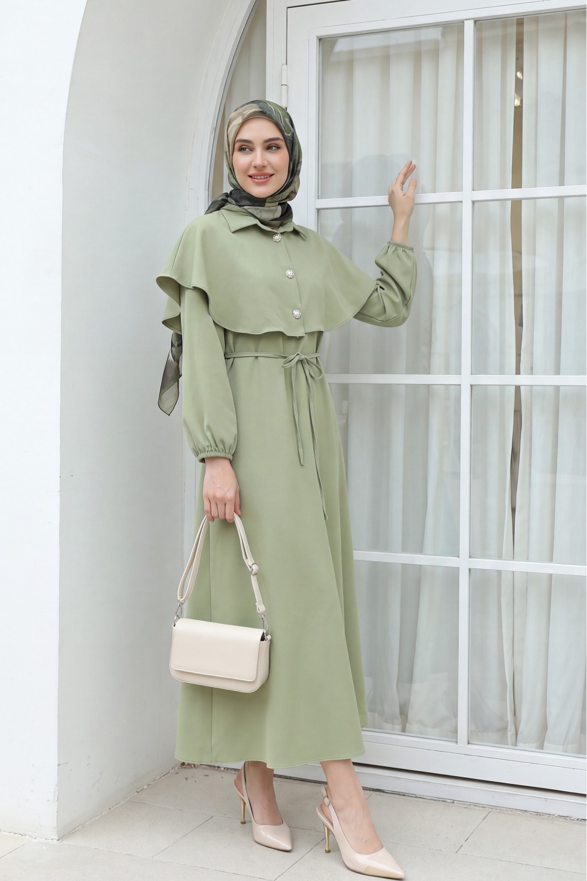 Crepe Dress with Collar, Cape Detail, Belt, and Elasticated Sleeves -Cagla Green