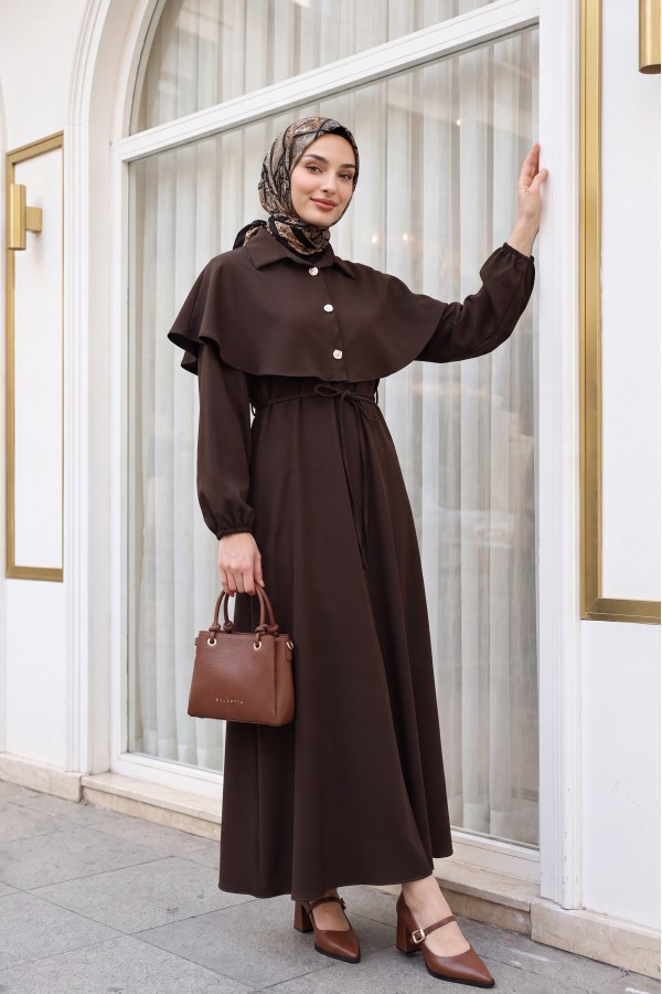 Crepe Dress with Collar, Cape Detail, Belt, and Elasticated Sleeves -Brown