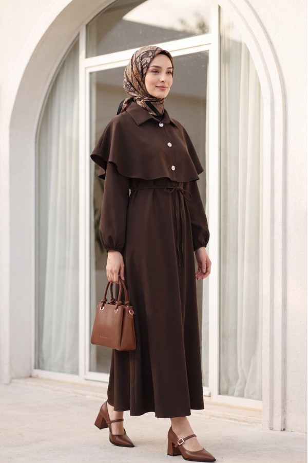 Crepe Dress with Collar, Cape Detail, Belt, and Elasticated Sleeves -Brown