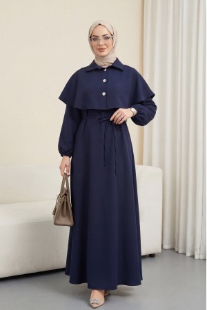 Yakalı Pelerin Detaylı Kemerli Kolu Lastikli Krep Elbise -Laci