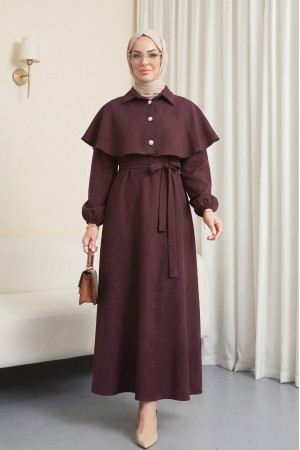 Yakalı Pelerin Detaylı Kemerli Kolu Lastikli Krep Elbise -Mürdüm