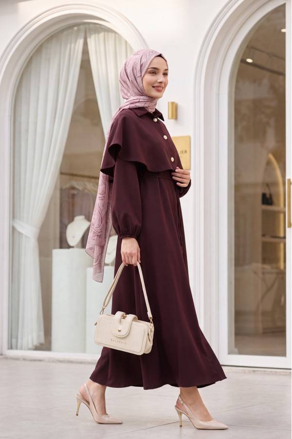 Crepe Dress with Collar, Cape Detail, Belt, and Elasticated Sleeves -Damson