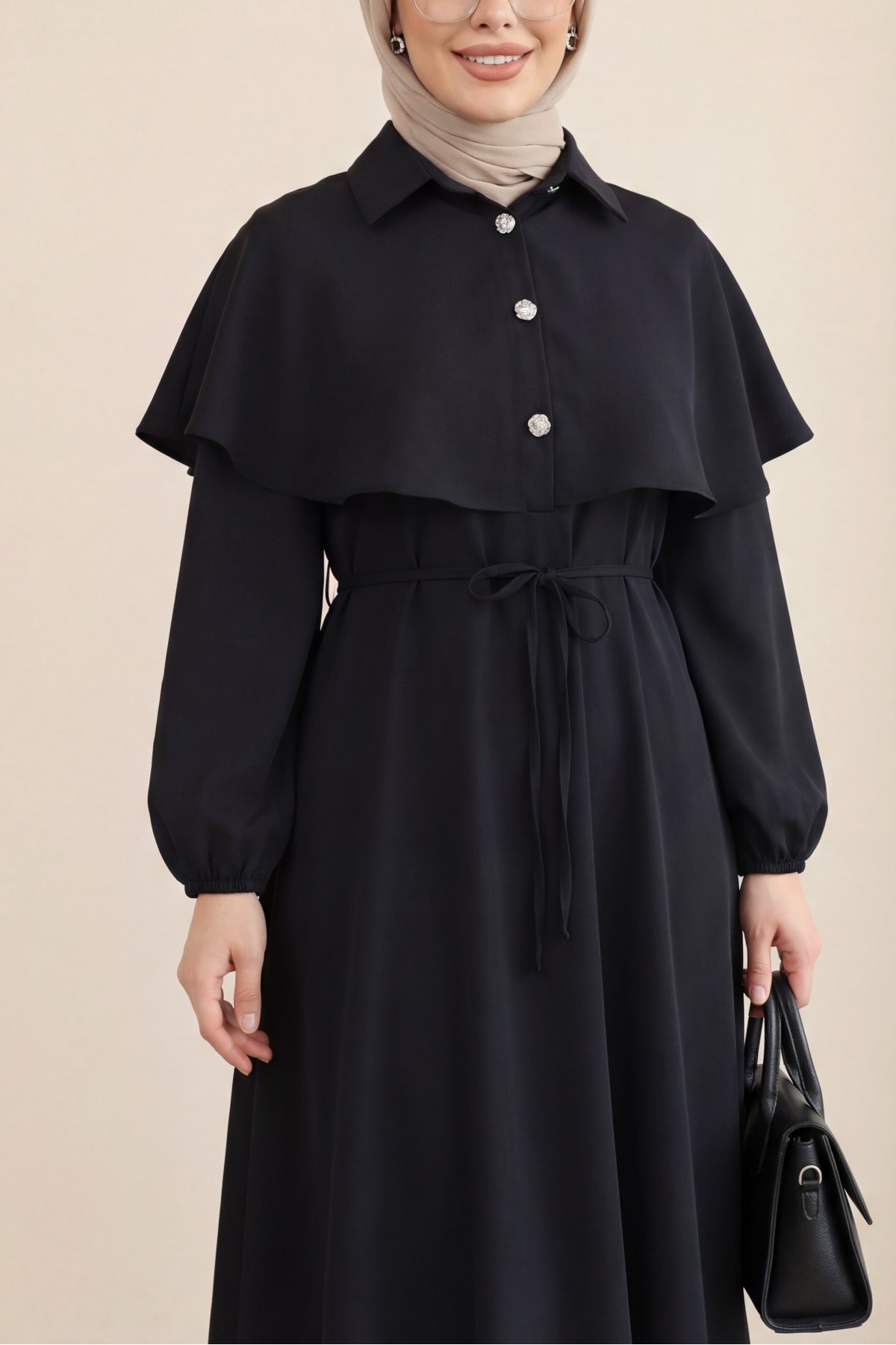 Crepe Dress with Collar, Cape Detail, Belt, and Elasticated Sleeves -Black detay görseli