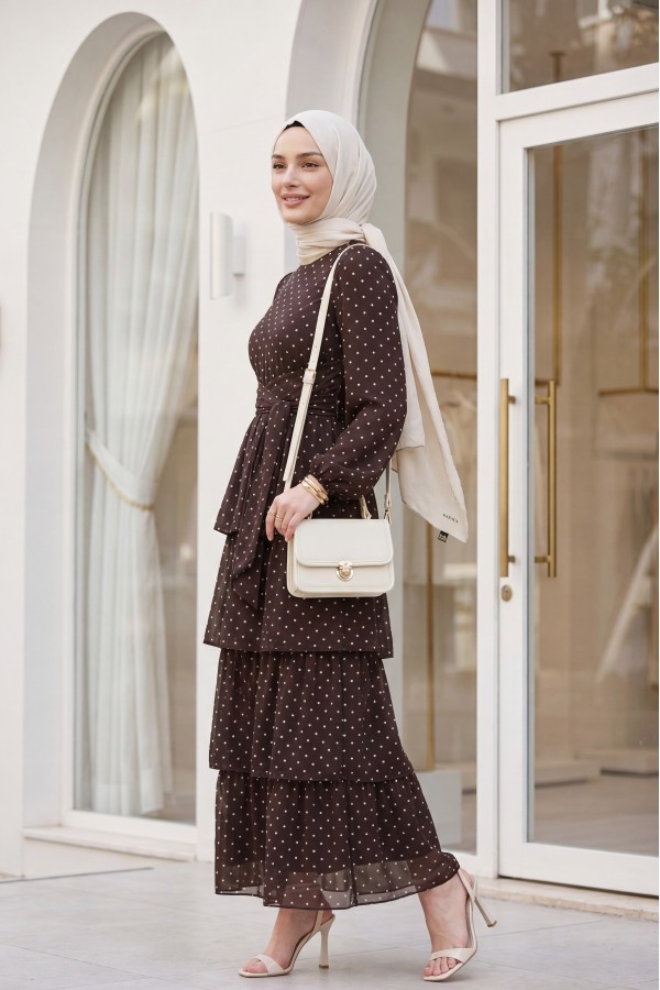 Layered Polka Dot Chiffon Dress with Cross-Tie Skirt -Brown