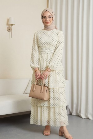 Çapraz Bağlamalı Eteği Kat Kat Puantiyeli Şifon Elbise -Krem