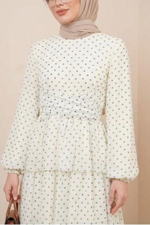 Çapraz Bağlamalı Eteği Kat Kat Puantiyeli Şifon Elbise -Krem