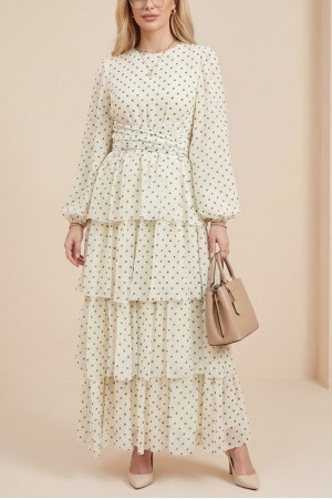 Çapraz Bağlamalı Eteği Kat Kat Puantiyeli Şifon Elbise -Krem