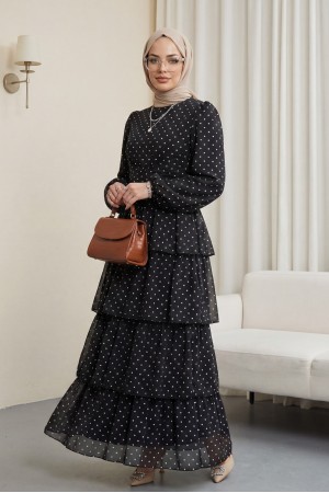 فستان شيفون منقط متعدد الطبقات مع تنورة برباط متقاطع -أسود