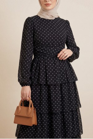 Çapraz Bağlamalı Eteği Kat Kat Puantiyeli Şifon Elbise -Siyah