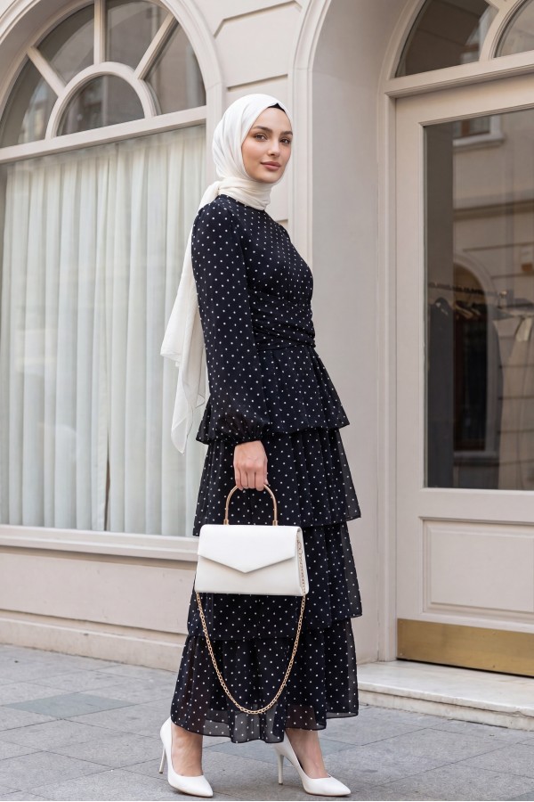 Layered Polka Dot Chiffon Dress with Cross-Tie Skirt -Black