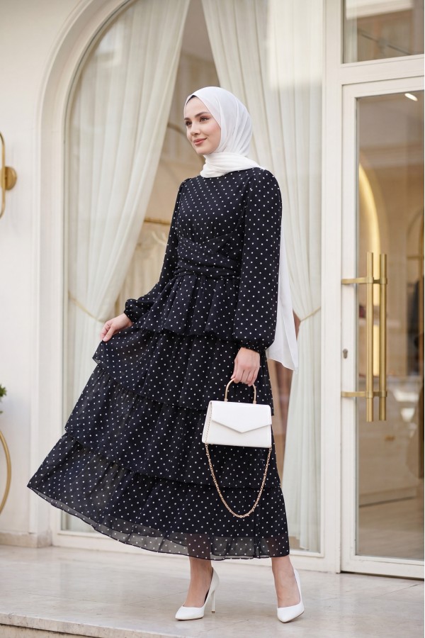 Layered Polka Dot Chiffon Dress with Cross-Tie Skirt -Black