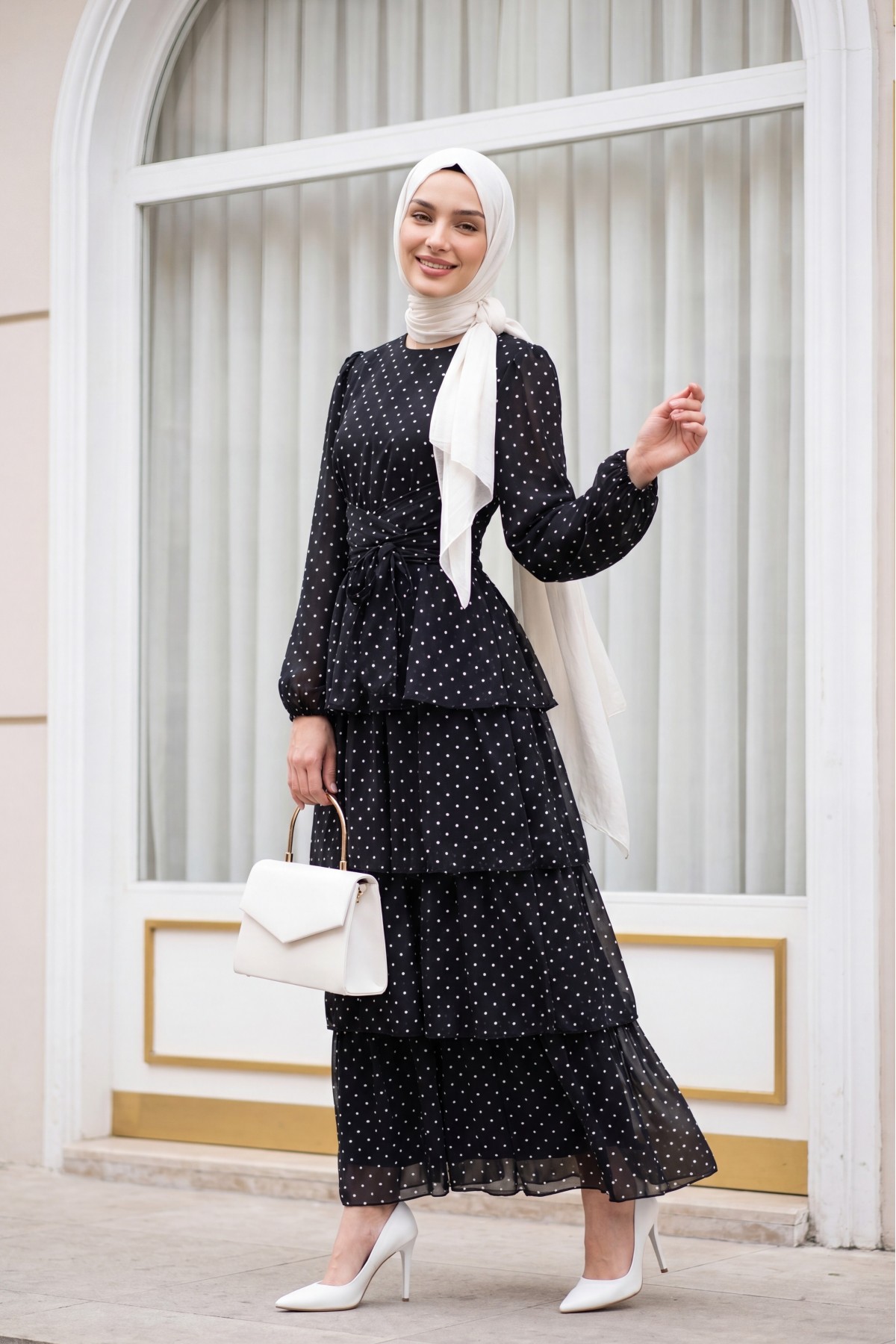 Layered Polka Dot Chiffon Dress with Cross-Tie Skirt -Black