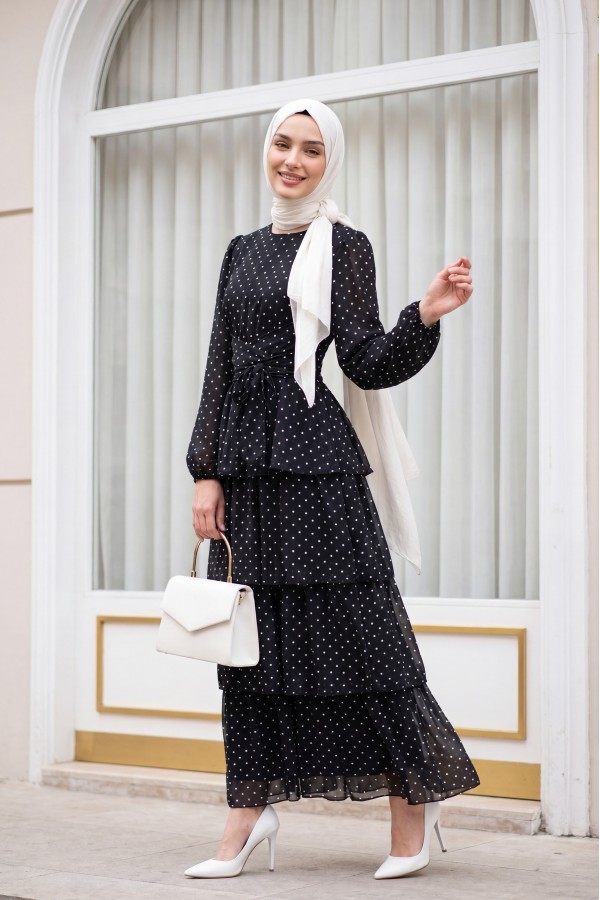 Layered Polka Dot Chiffon Dress with Cross-Tie Skirt -Black