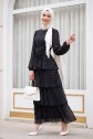 Layered Polka Dot Chiffon Dress with Cross-Tie Skirt -Black
