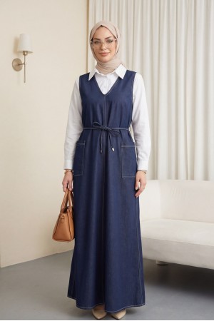 Yandan Çift Cepli V Yaka Beli Bağcıklı Kot Jile -K.Laci