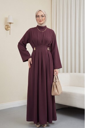 Pileli Beli Kemerli Toka Detaylı Modal Elbise  -Bordo