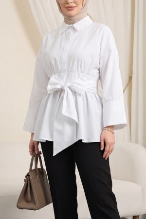 Beli Korsajlı Gizli Patlı Kuşaklı Poplin Tunik -Beyaz