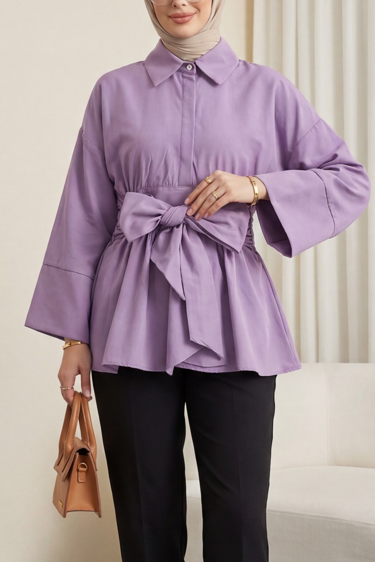 Poplin Tunic with Waistband and Hidden Placket Belt -Lilac
