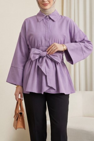 Beli Korsajlı Gizli Patlı Kuşaklı Poplin Tunik -Lila