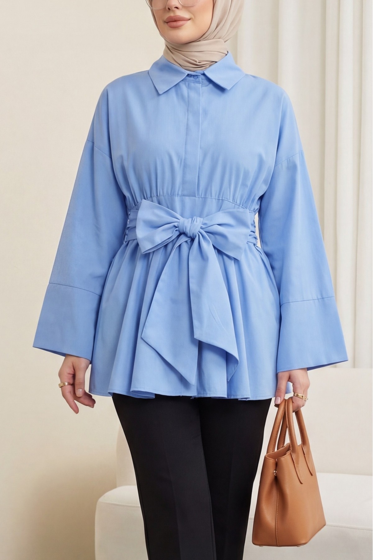 Beli Korsajlı Gizli Patlı Kuşaklı Poplin Tunik -Mavi