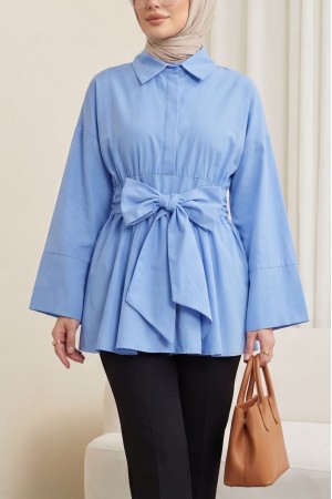 Beli Korsajlı Gizli Patlı Kuşaklı Poplin Tunik -Mavi