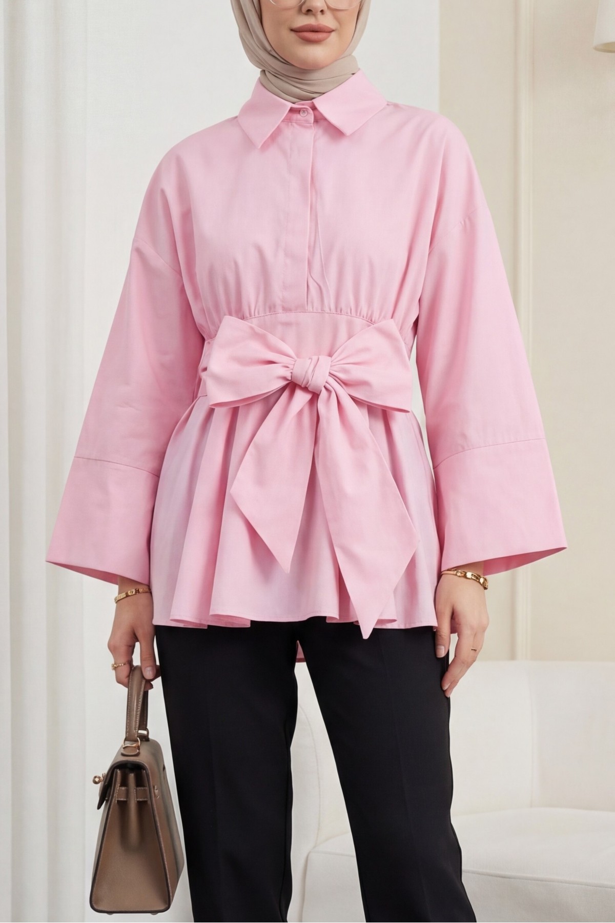 Poplin Tunic with Waistband and Hidden Placket Belt -Pink