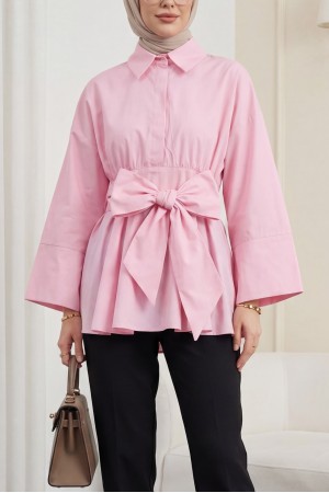 Beli Korsajlı Gizli Patlı Kuşaklı Poplin Tunik -Pembe