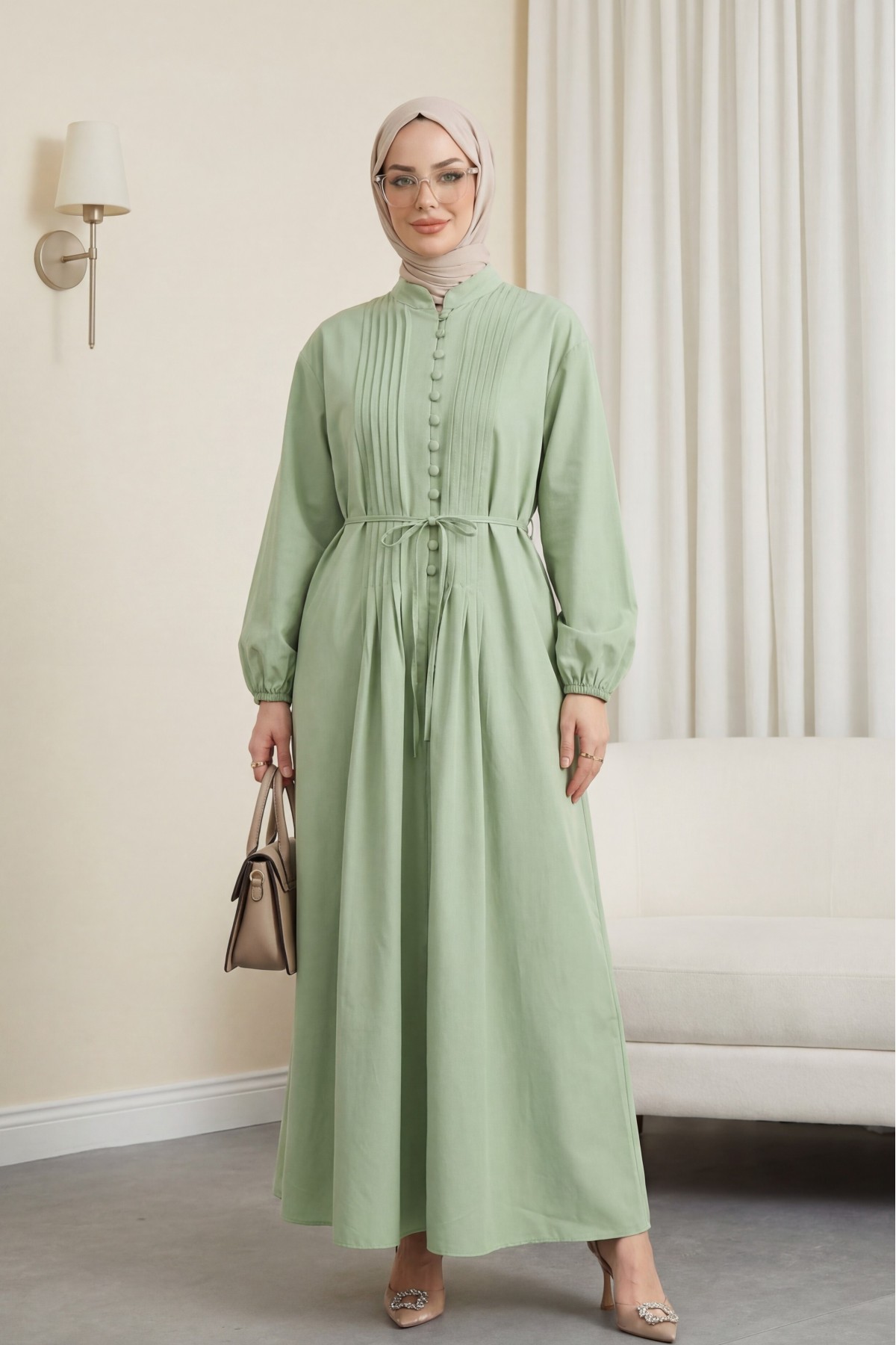 Front Ribbed Half-Button Poplin Dress -LIGHT GREEN