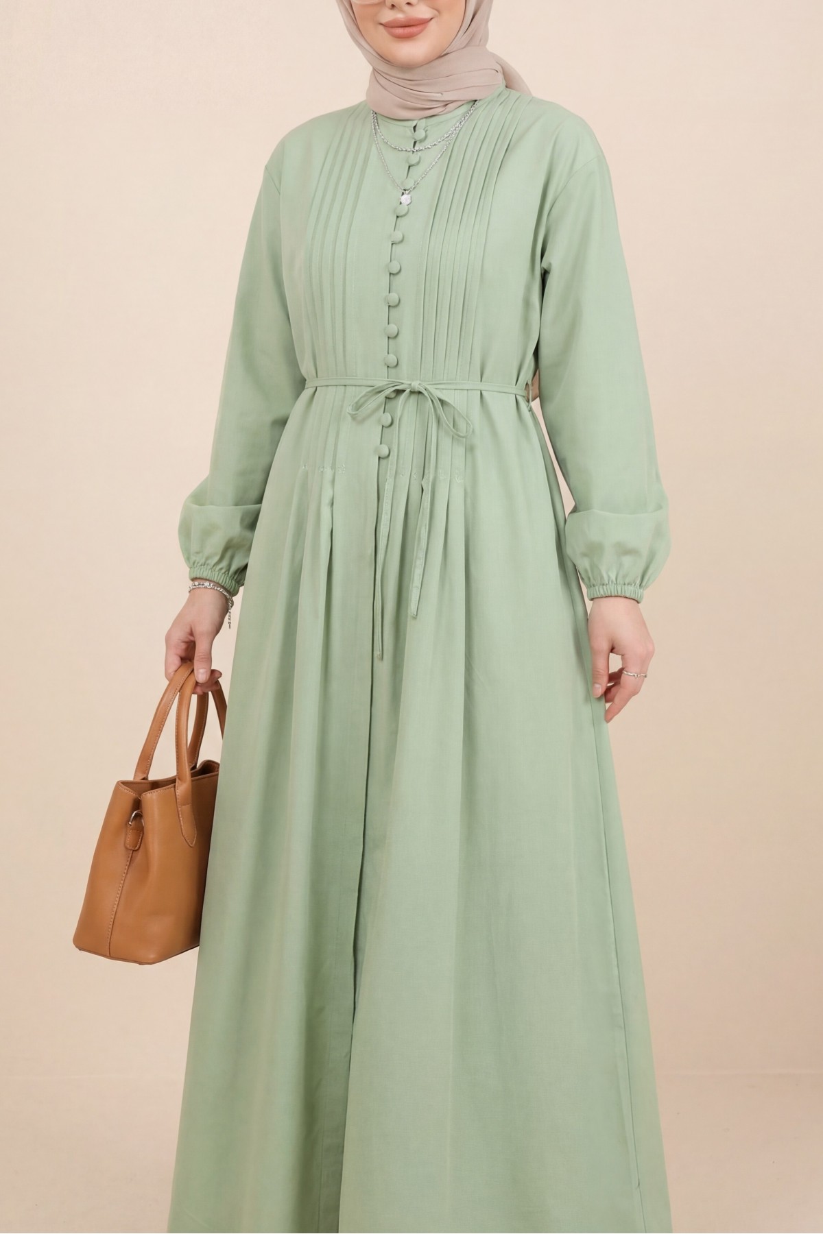 Front Ribbed Half-Button Poplin Dress -LIGHT GREEN