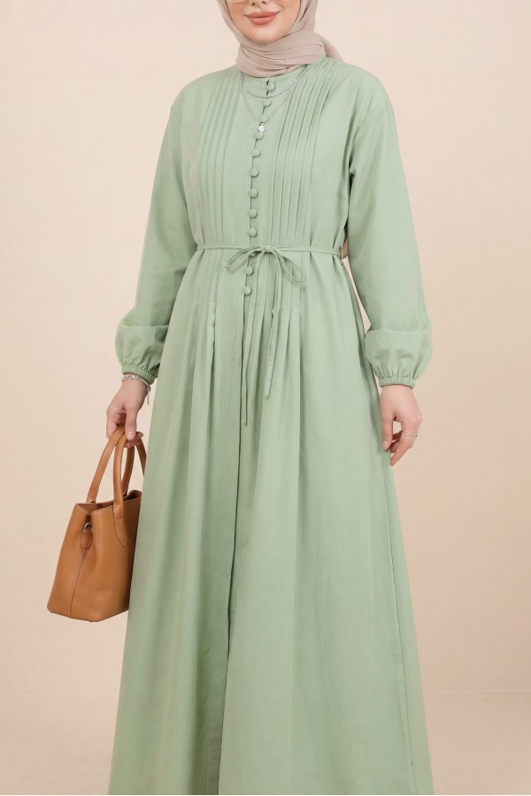 Front Ribbed Half-Button Poplin Dress -LIGHT GREEN