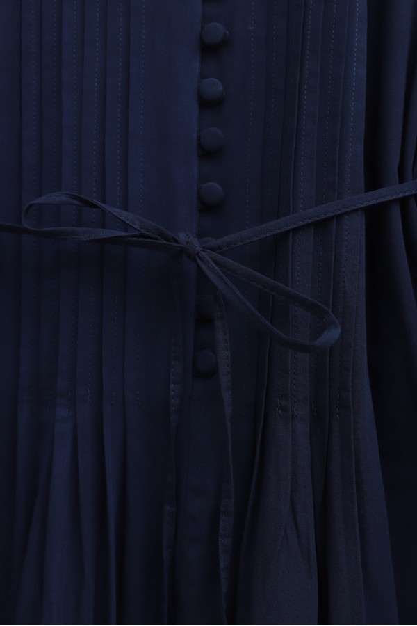 Front Ribbed Half-Button Poplin Dress -Navy blue