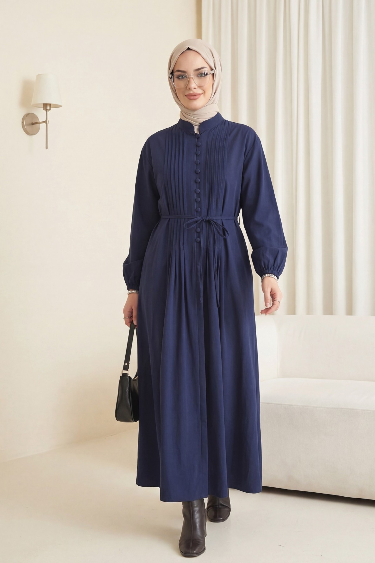 Front Ribbed Half-Button Poplin Dress -Navy blue