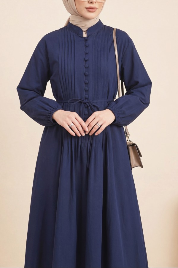 Front Ribbed Half-Button Poplin Dress -Navy blue