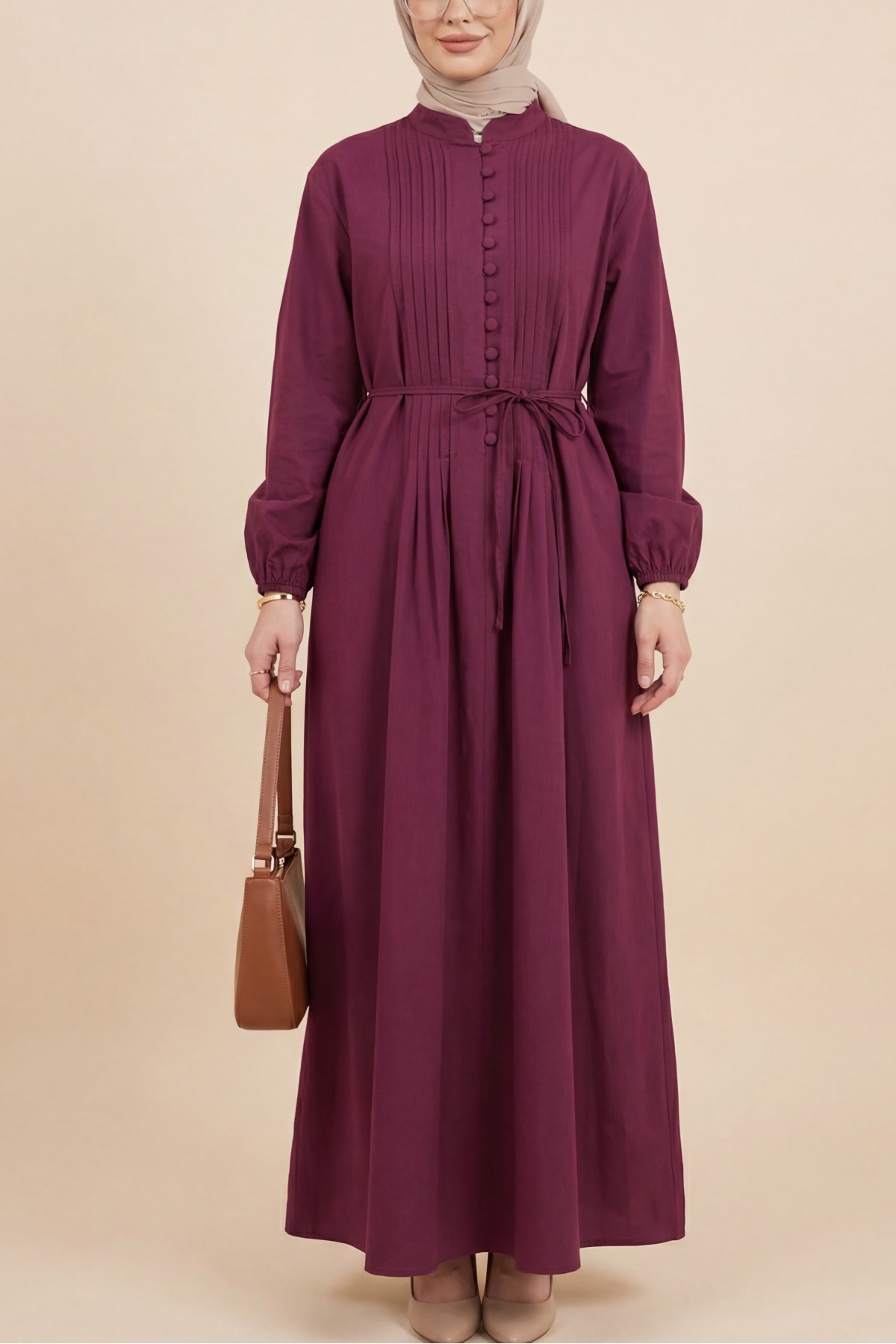Front Ribbed Half-Button Poplin Dress -Damson