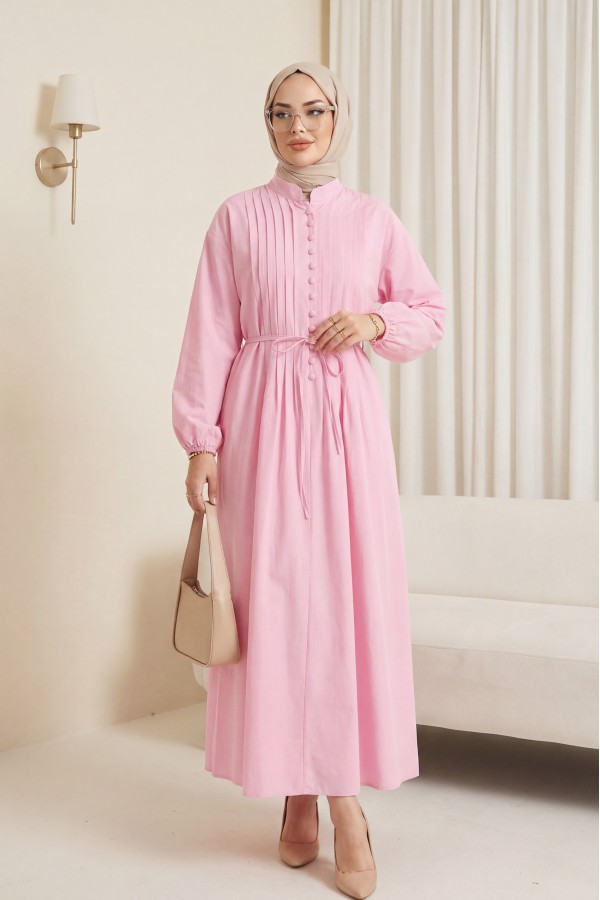 Önü Nervürlü Yarım Düğmeli Poplin Elbise -Pembe