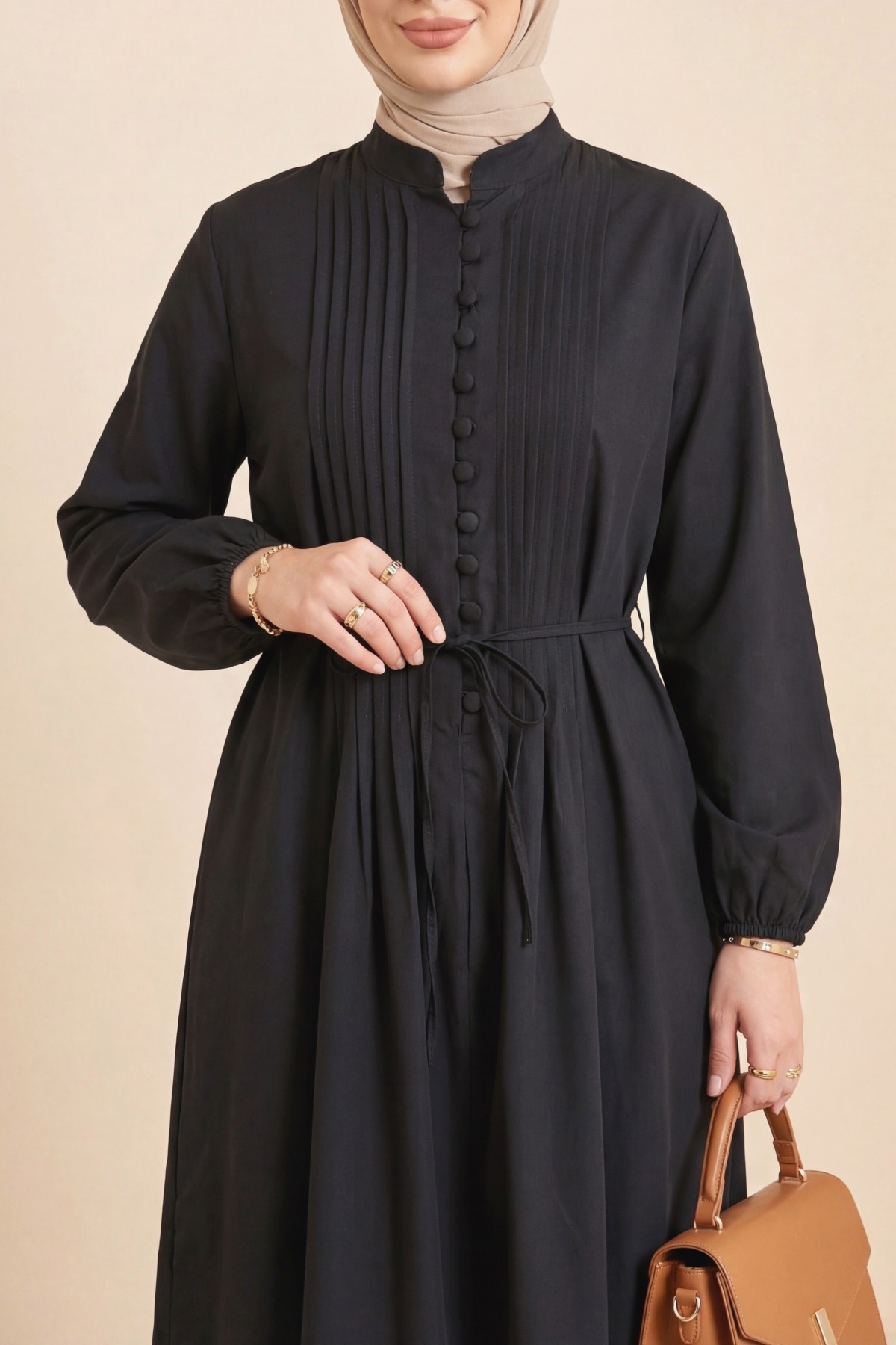 Front Ribbed Half-Button Poplin Dress -Black
