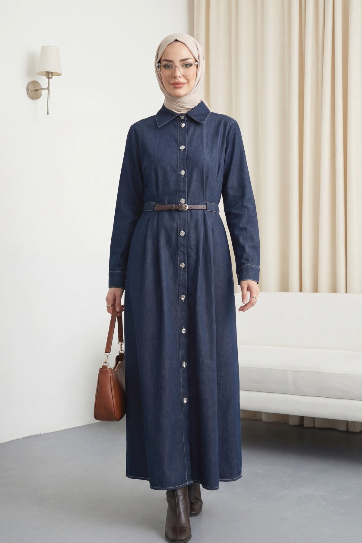 Front Buttoned Pleated Detail Tunnel Belt Denim Dress -dark lacquer