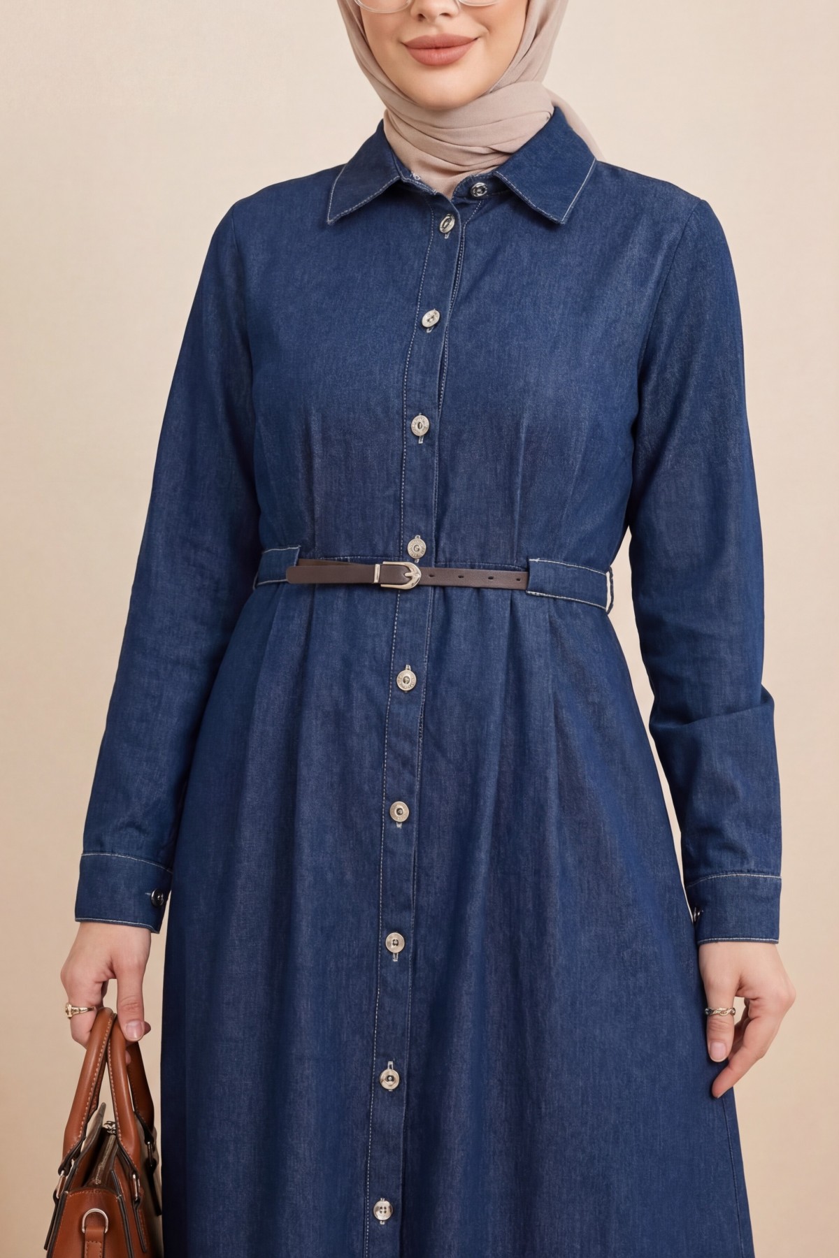 Front Buttoned Pleated Detail Tunnel Belt Denim Dress -dark lacquer