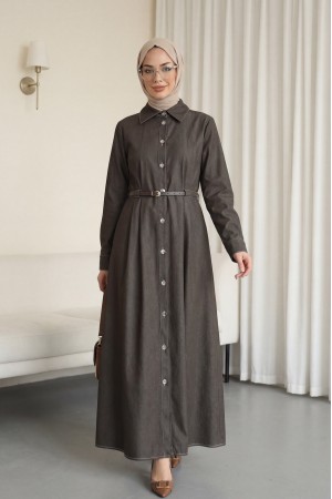 Önden Düğmeli Pile Detaylı Tünel Kemerli Kot Elbise -Toprak