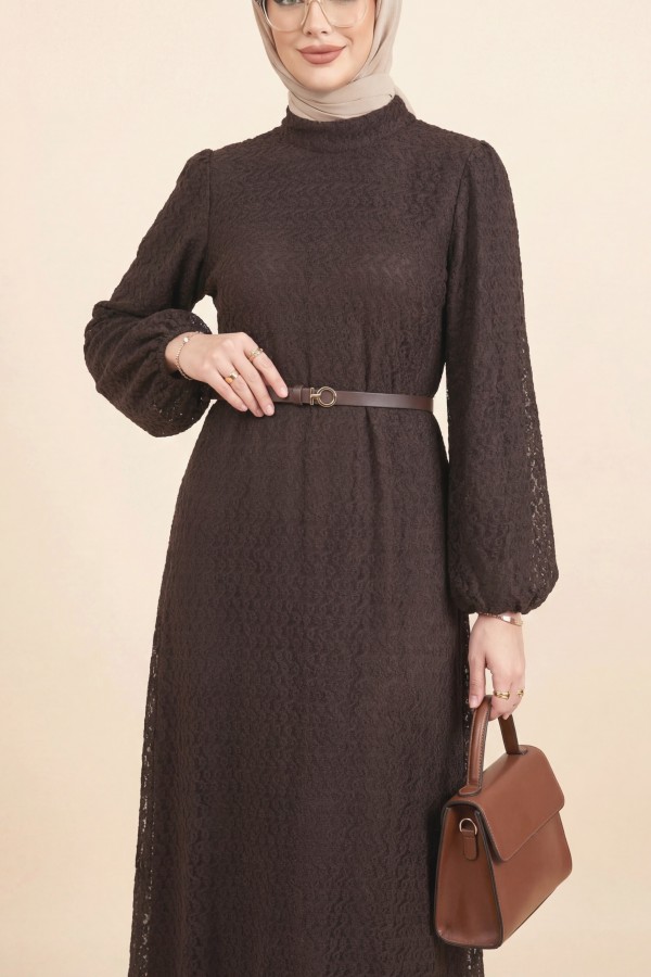 Mandarin Collar Balloon Sleeve Belted Lined Lace Dress -Brown