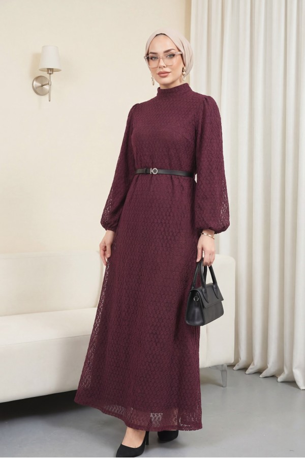 Mandarin Collar Balloon Sleeve Belted Lined Lace Dress -Damson