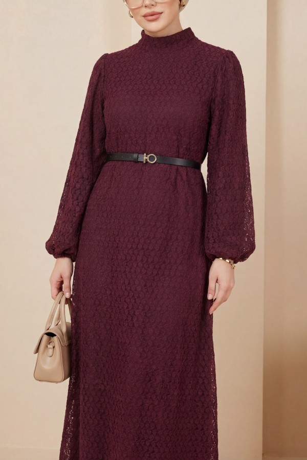 Mandarin Collar Balloon Sleeve Belted Lined Lace Dress -Damson