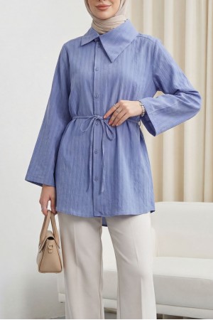 Yandan Yakalı Boydan Düğmeli Çizgili Bağcıklı Krinkıl Gömlek -İndigo