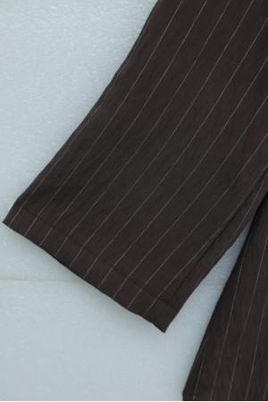 Side Collar, Button-Down, Striped, Lace-Up Crinkle Shirt -Brown