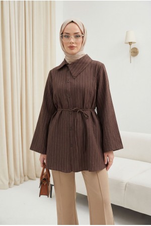 Side Collar, Button-Down, Striped, Lace-Up Crinkle Shirt -Brown