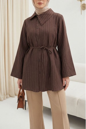 Side Collar, Button-Down, Striped, Lace-Up Crinkle Shirt -Brown
