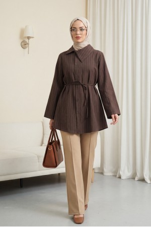 Side Collar, Button-Down, Striped, Lace-Up Crinkle Shirt -Brown