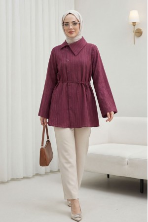 Side Collar, Button-Down, Striped, Lace-Up Crinkle Shirt -Damson