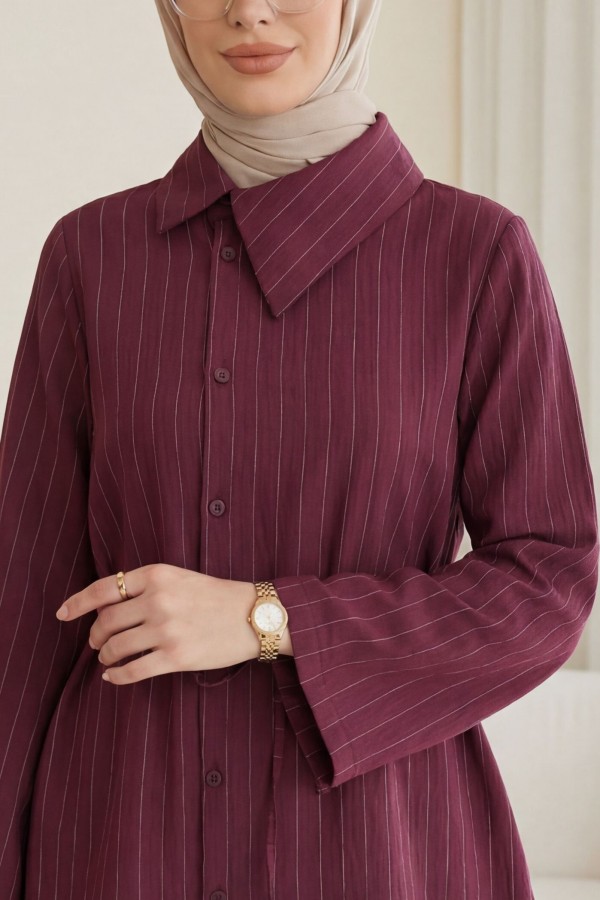 Side Collar, Button-Down, Striped, Lace-Up Crinkle Shirt -Damson